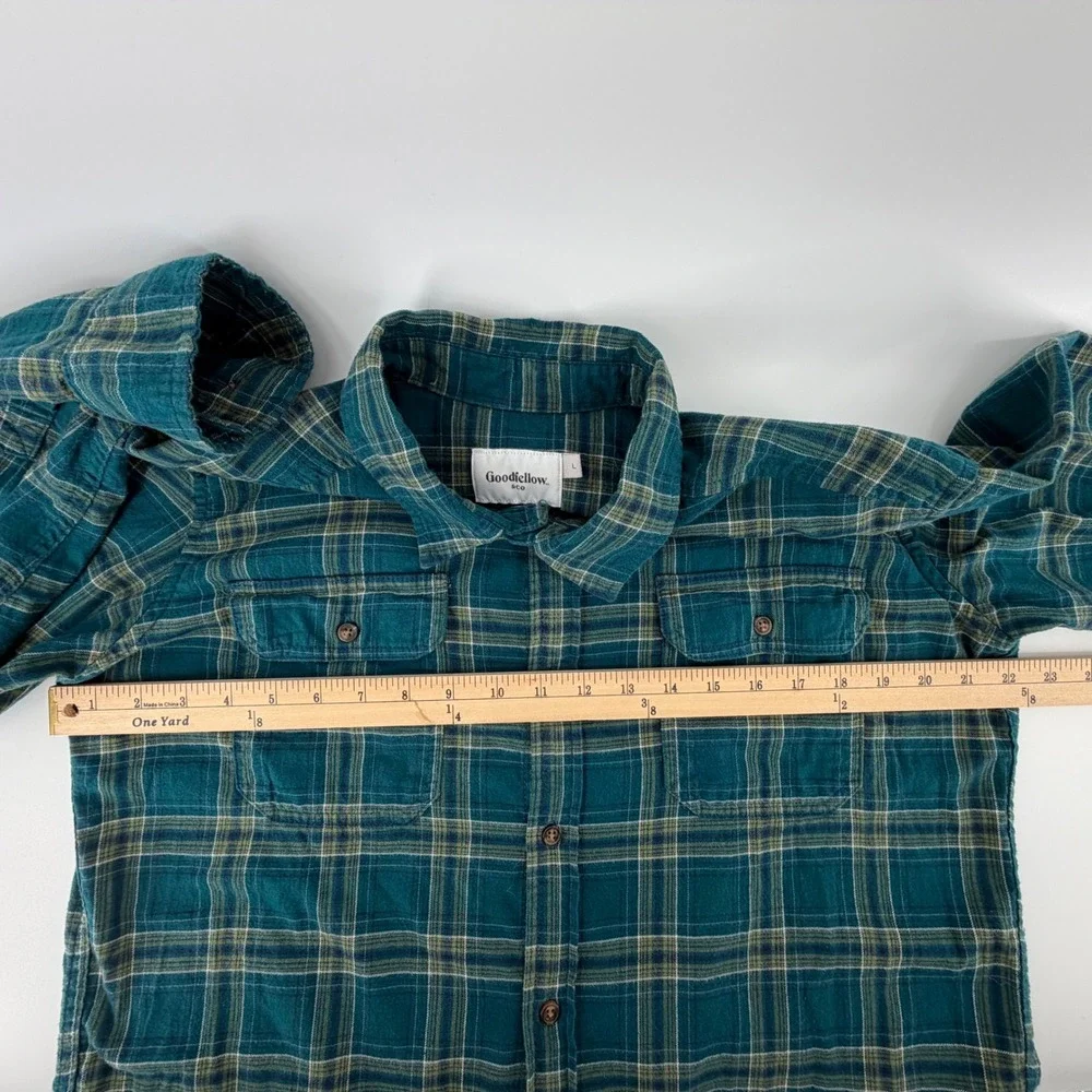 Goodfellow & Co Mens Flannel Long Sleeve Button Up Shirt Green Plaid Size‎ L
